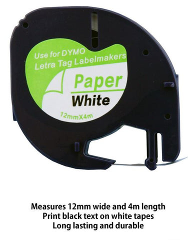 Dymo LetraTag Compatible Tape 91200 12mm x 4m Paper Black on White 91200 , 92630, S0792630