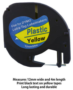 Dymo LetraTag Compatible Tape 91202 12mm x 4m Plastic Black on Yellow 91202 , 91332