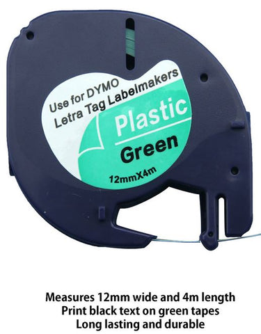 Dymo LetraTag Compatible Tape 91204 12mm x 4m Plastic Black on Green 91204 , 91334