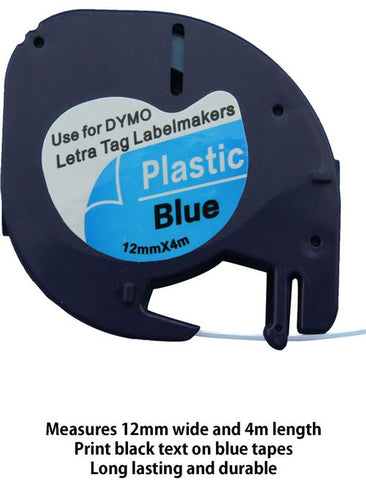 Dymo LetraTag Compatible Tape 91205 12mm x 4m Plastic Black on Blue 91205 , 91335