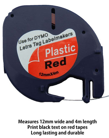 Dymo LetraTag Compatible Tape 91203 12mm x 4m Plastic Black on Red 91203 , 91333